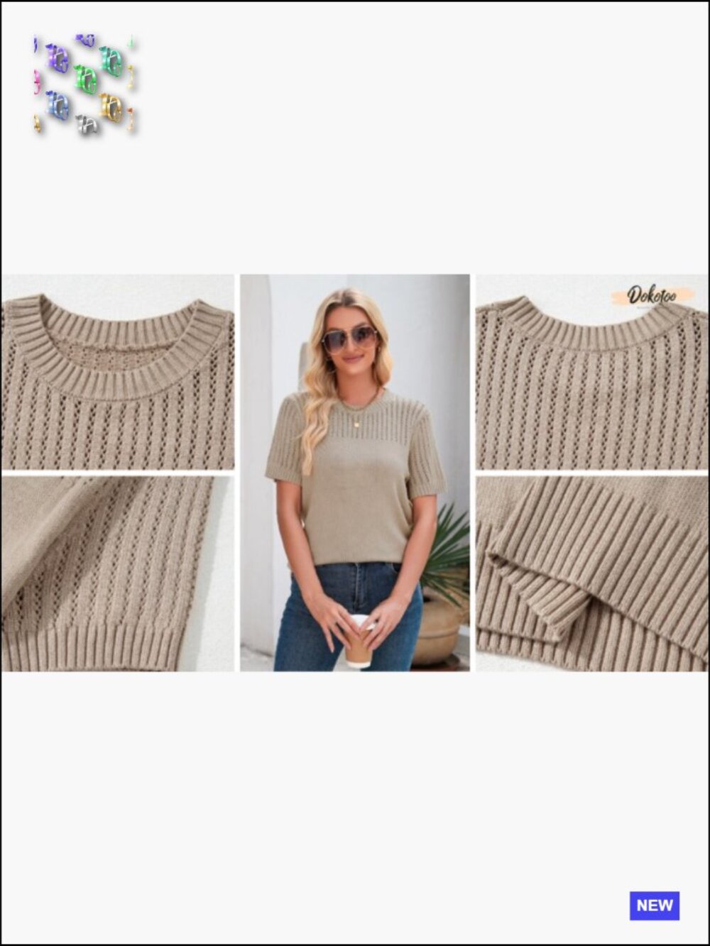 Hollow Out Knit Pullover Sweater Crew Neck Short Sleeve Loose Fit Blouse Y2K - Picture 7 of 7